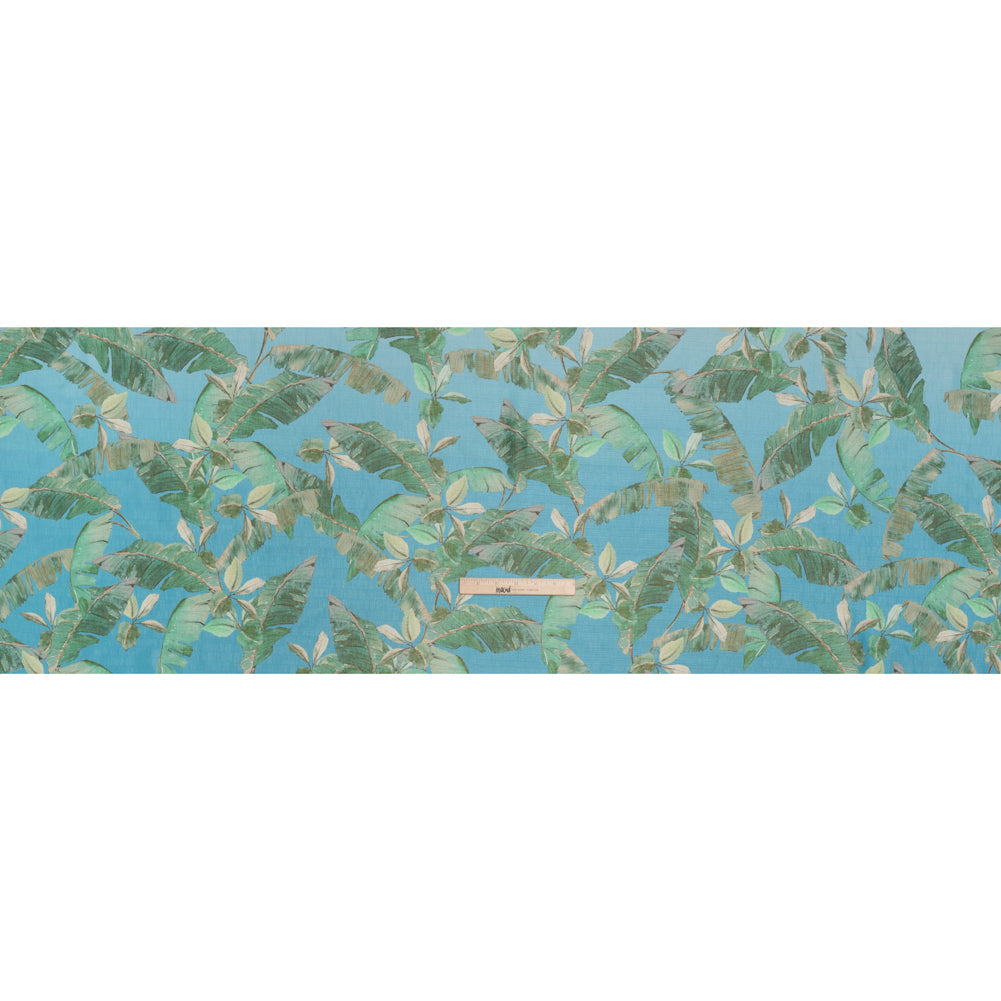 Textured Silk Woven Print Made in Italy - Sky Blue, Green and Beige Palm Leaves - Deadstock