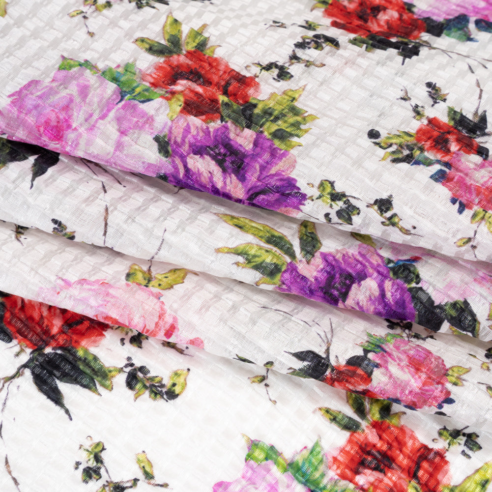 Ruched Silk Blend Striped Dobby Made in Italy - White, Pink and Purple Floral - Deadstock