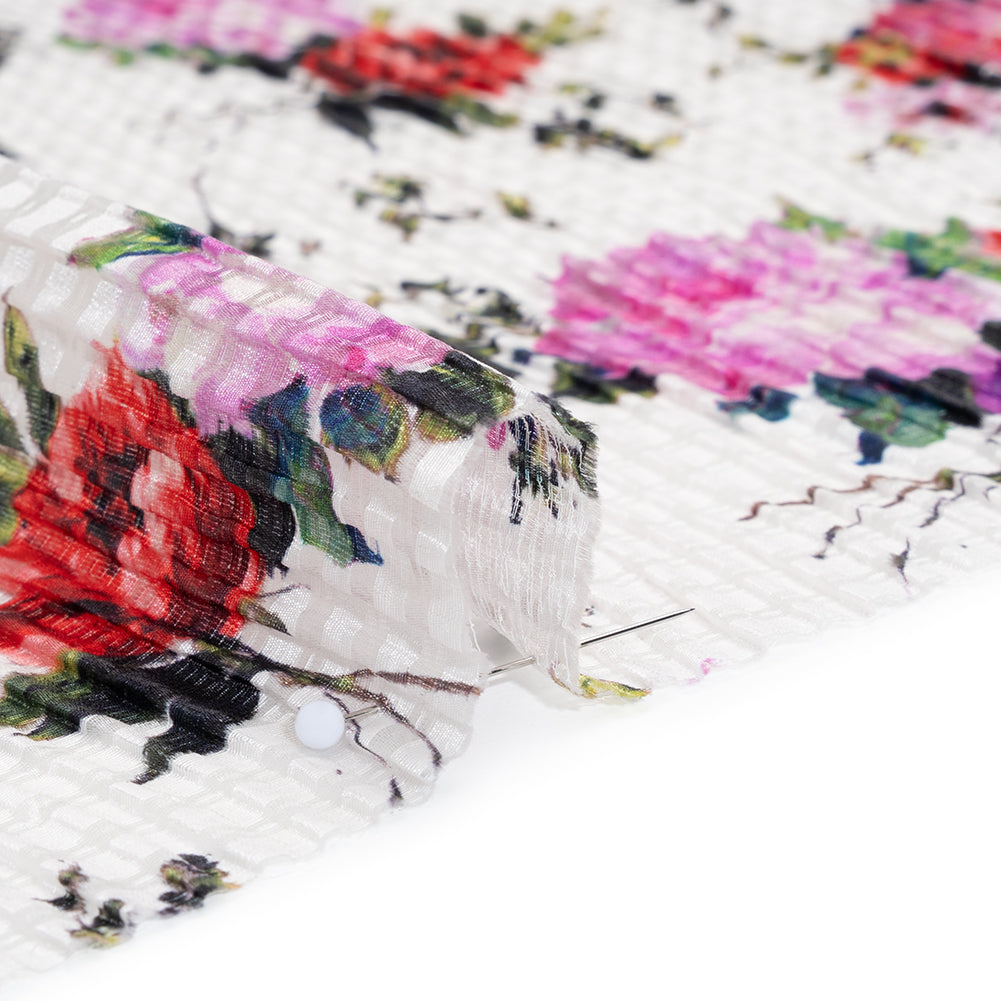 Ruched Silk Blend Striped Dobby Made in Italy - White, Pink and Purple Floral - Deadstock