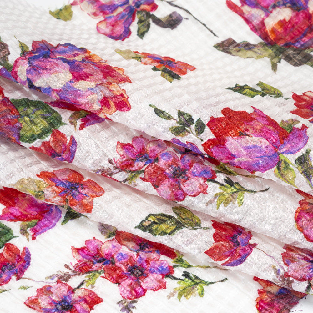 Ruched Silk Blend Striped Dobby Made in Italy - Pink, Ultramarine and Green Floral - Deadstock
