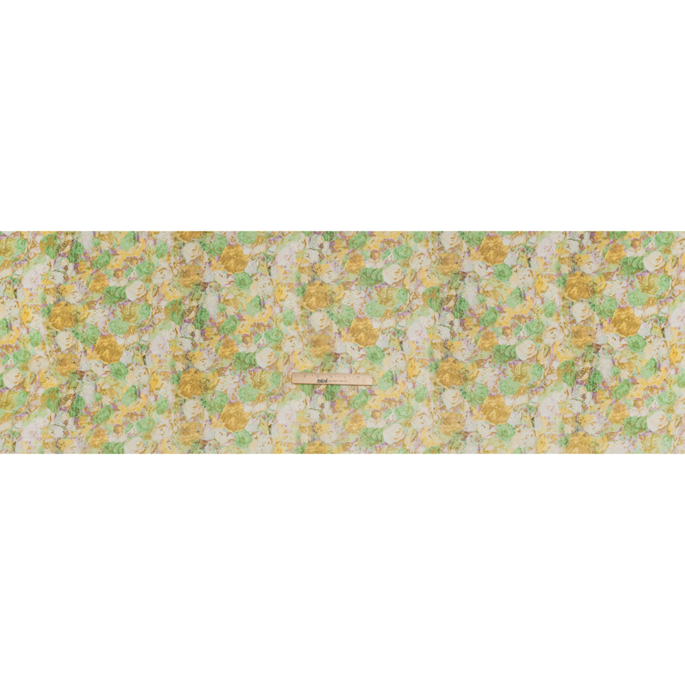 Silk Chiffon Print Made in Italy - Yellow, Green and Lilac Painterly Floral - Deadstock