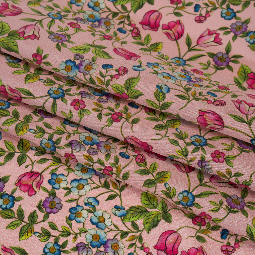 Silk Crepe de Chine Print Made in Italy - Pink, Sky Blue and Green Little Flowers - Deadstock
