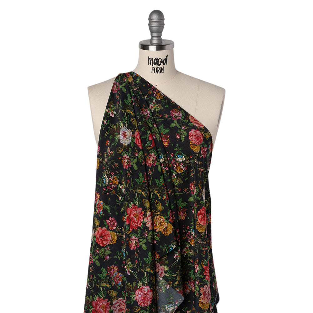 Silk Crepe de Chine Print Made in Italy - Black, Pink and Yellow Ochre Floral - Deadstock
