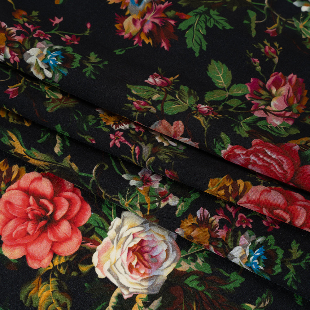 Silk Crepe de Chine Print Made in Italy - Black, Pink and Yellow Ochre Floral - Deadstock