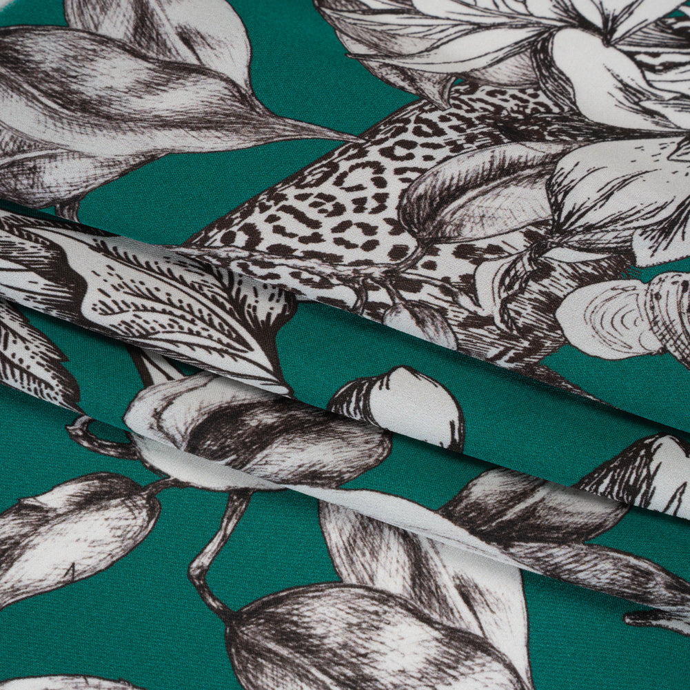 Silk Georgette Print Made in Italy - Teal, Black and White Leopards in the Lilies - Deadstock