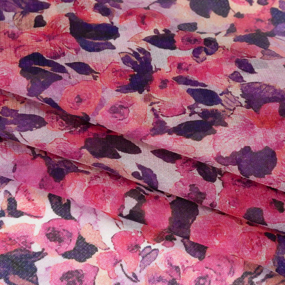 Silk Birdseye Pique Voile Print Made in Italy - Pink, Dark Purple and Lavender Watercolor Roses - Deadstock