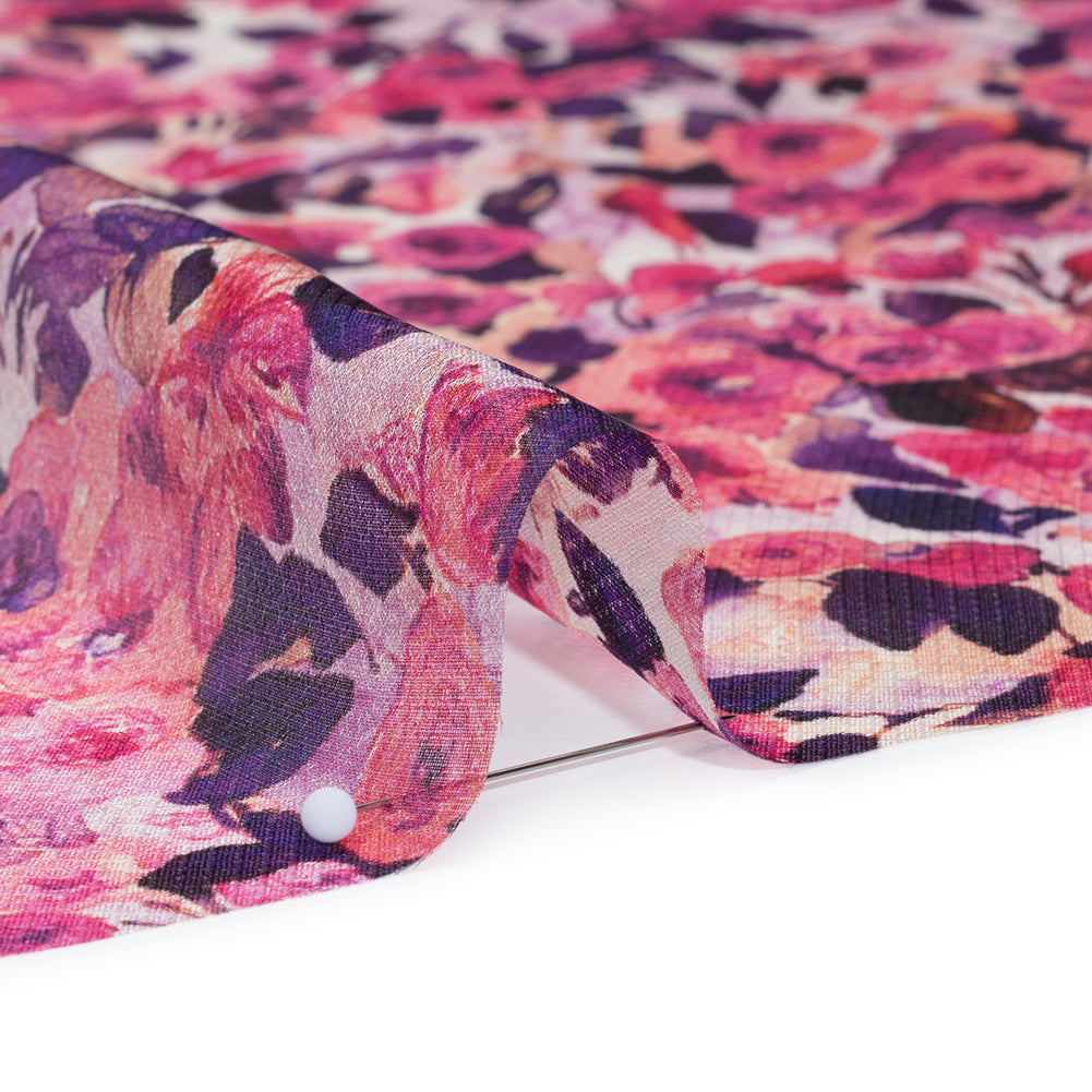 Silk Birdseye Pique Voile Print Made in Italy - Pink, Dark Purple and Lavender Watercolor Roses - Deadstock