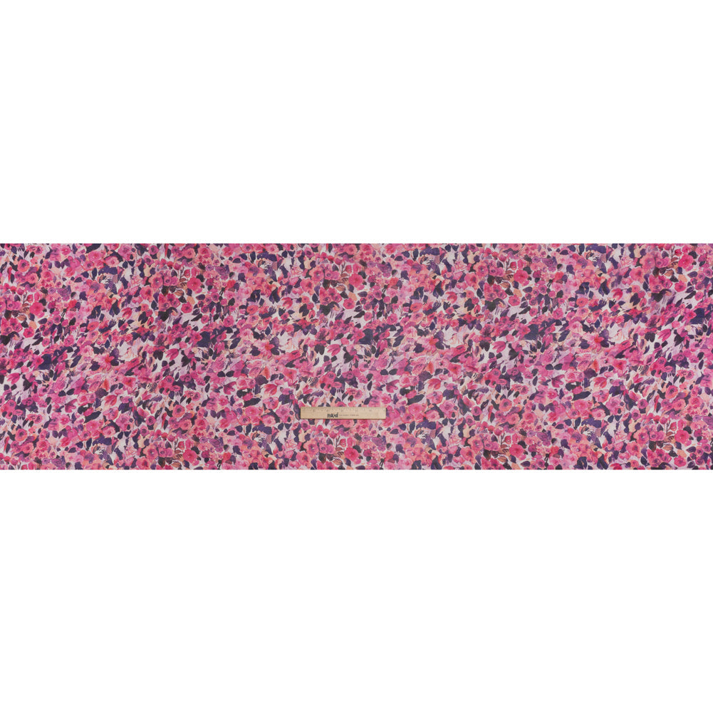 Silk Birdseye Pique Voile Print Made in Italy - Pink, Dark Purple and Lavender Watercolor Roses - Deadstock