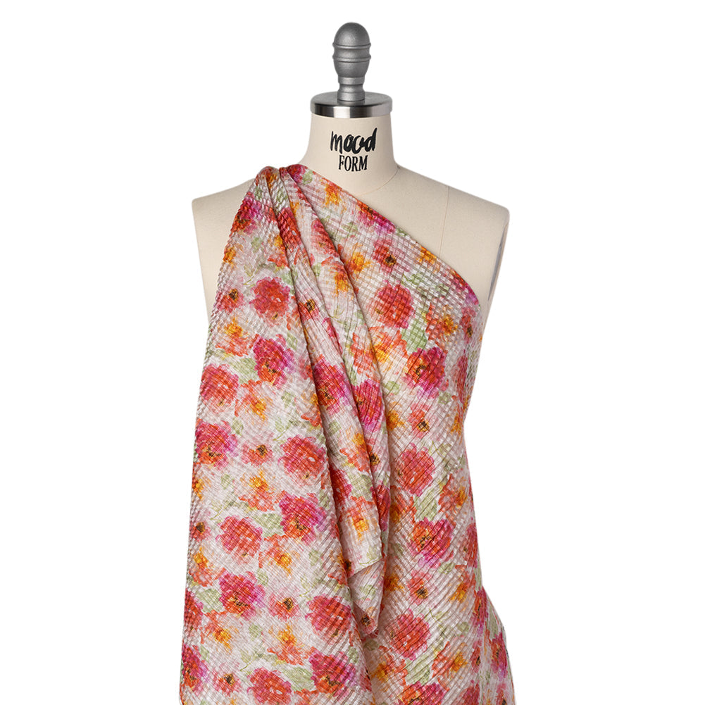 Ruched Silk Blend Striped Dobby Made in Italy - Magenta, Orange and Light Green Floral - Deadstock