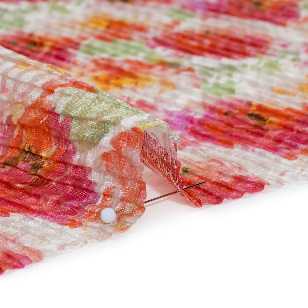 Ruched Silk Blend Striped Dobby Made in Italy - Magenta, Orange and Light Green Floral - Deadstock