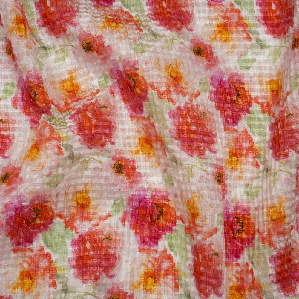 Ruched Silk Blend Striped Dobby Made in Italy - Magenta, Orange and Light Green Floral - Deadstock