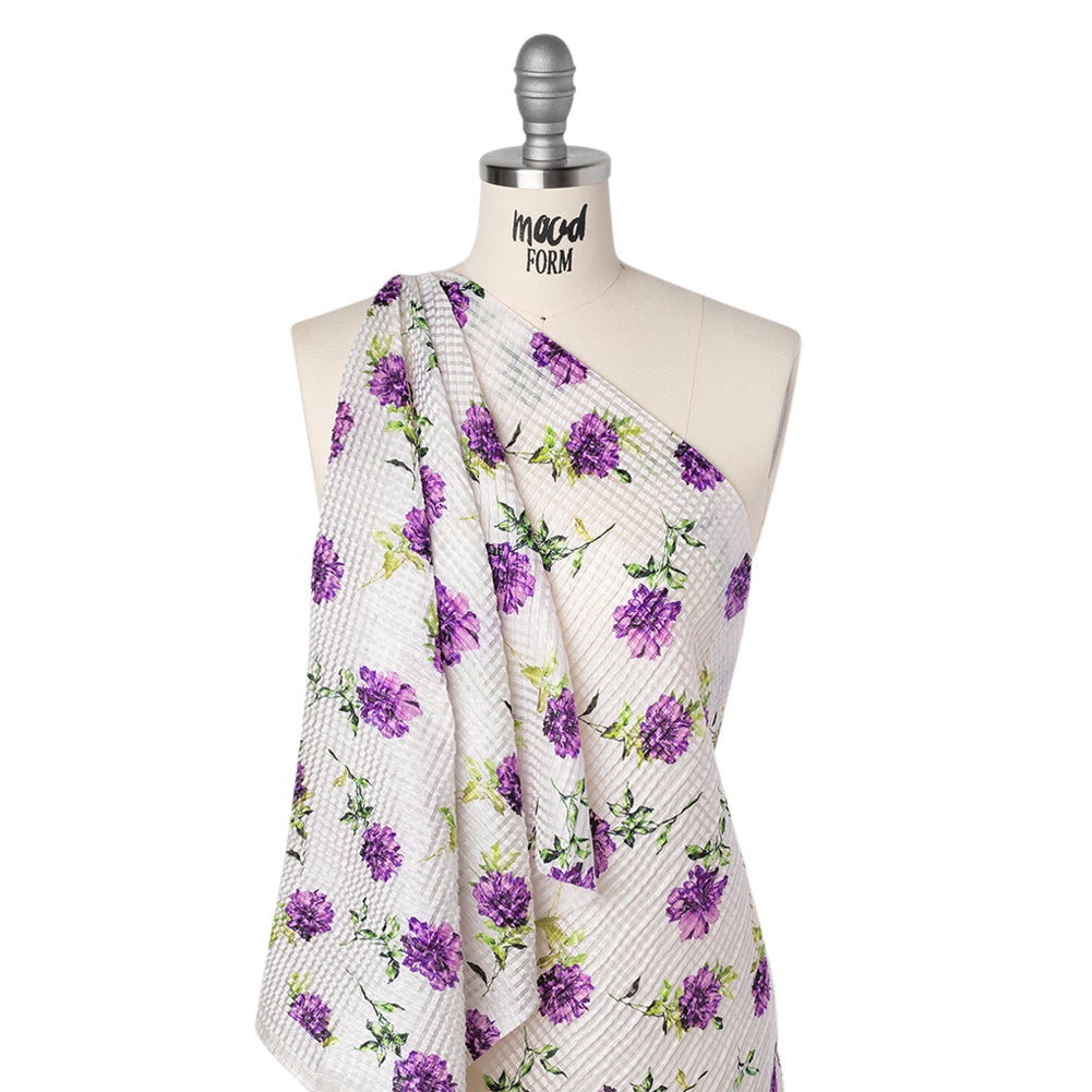 Ruched Silk Blend Striped Dobby Made in Italy - Purple, Green and White Scattered Carnations - Deadstock