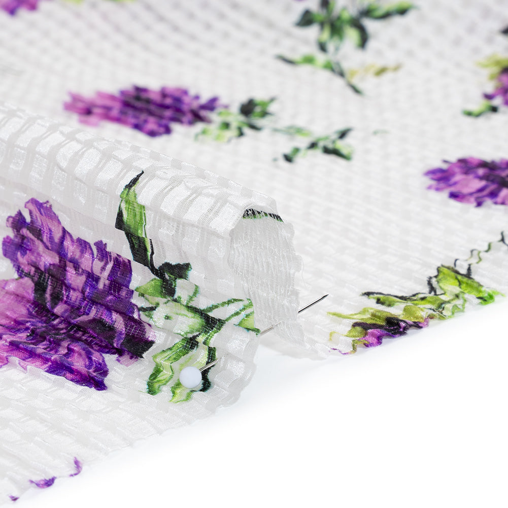 Ruched Silk Blend Striped Dobby Made in Italy - Purple, Green and White Scattered Carnations - Deadstock