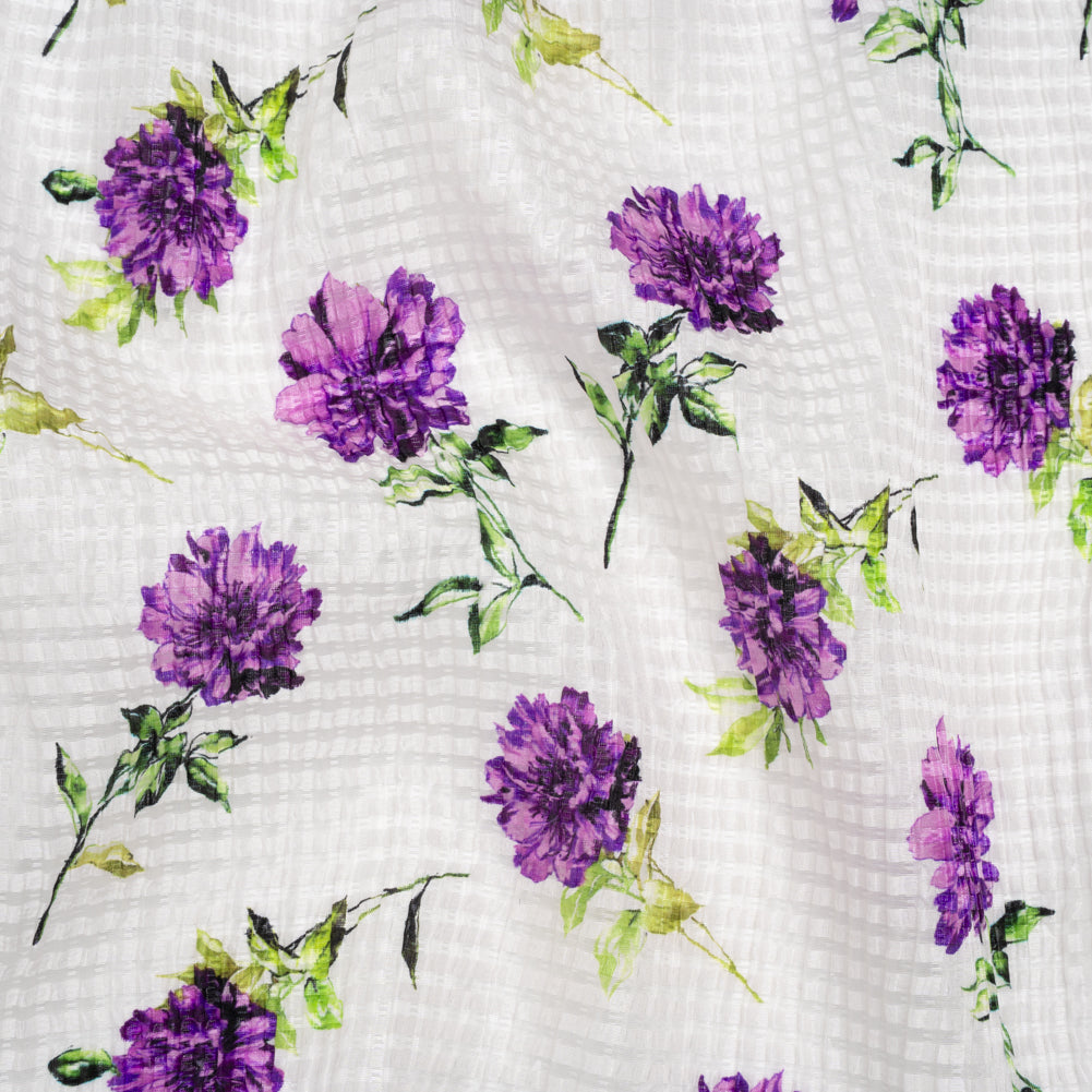 Ruched Silk Blend Striped Dobby Made in Italy - Purple, Green and White Scattered Carnations - Deadstock