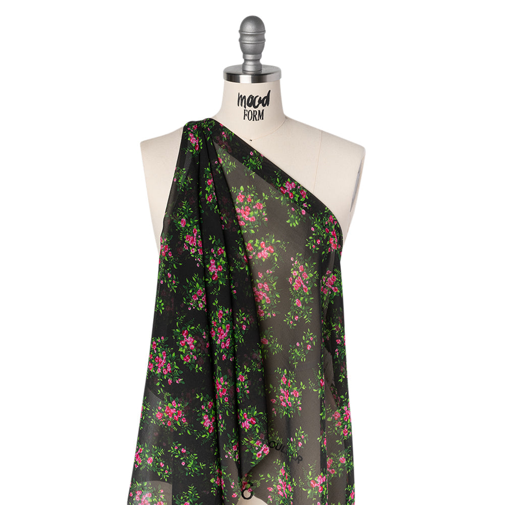 Silk Voile Print Made in Italy - Black, Green and Pink Flower Bunches - Deadstock