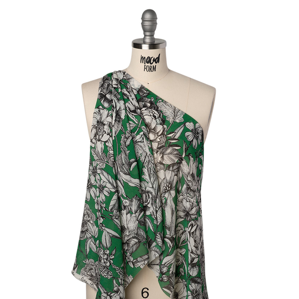 Lightweight Silk Pique Print Made in Italy - Kelly Green, Black and White Flowers - Deadstock