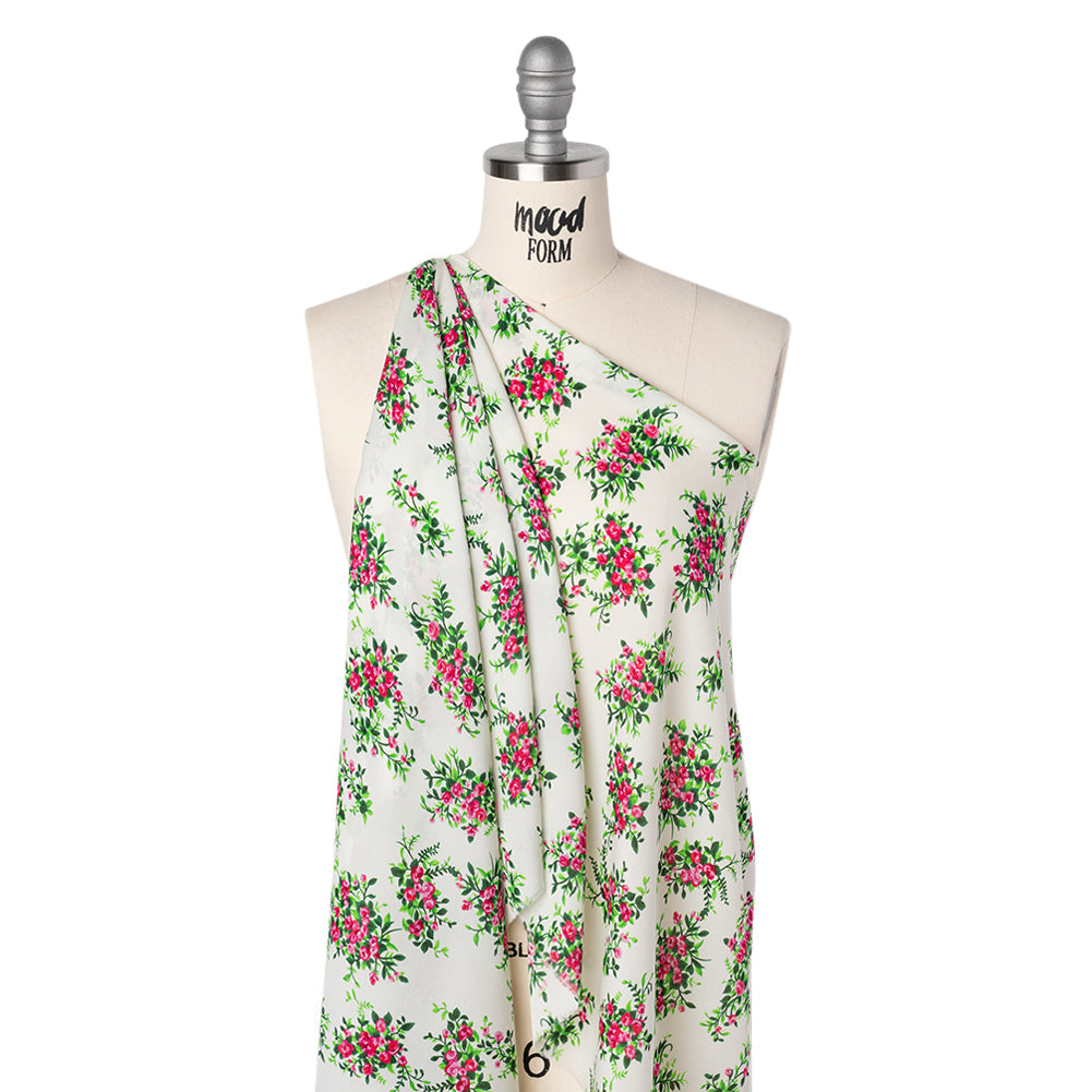 Silk Georgette Print - Pink, Green and Ivory Flower Bunches - Deadstock