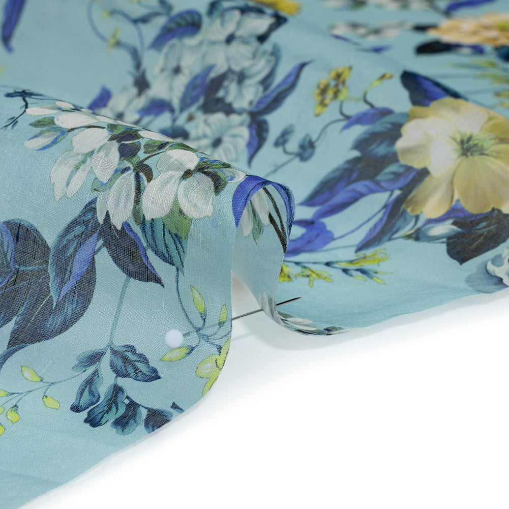 Slubbed Raw Silk Organza Print Made in Italy - Sky Blue, Ultramarine and Yellow Floral - Deadstock