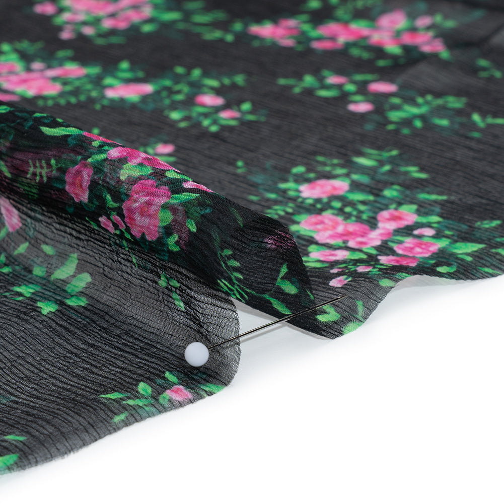 Crinkled Silk Chiffon Print Made in Italy - Black, Green and Pink Flower Bunches - Deadstock