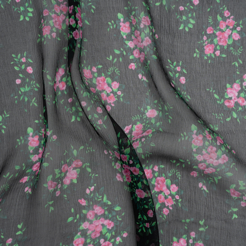 Crinkled Silk Chiffon Print Made in Italy - Black, Green and Pink Flower Bunches - Deadstock