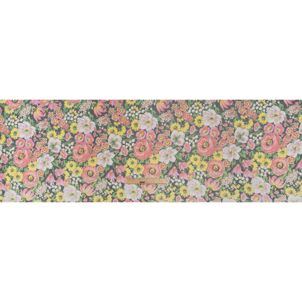Silk Voile Print Made in Italy - Pink, Yellow and Green Flower Garden - Deadstock