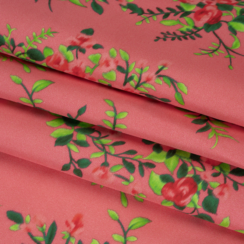 Silk Woven Print Made in Italy - Rose Pink, Red and Green Flower Bunches - Deadstock