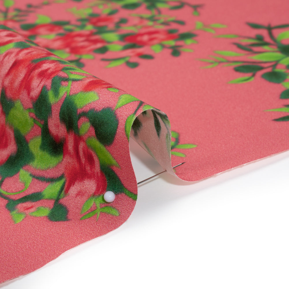Silk Woven Print Made in Italy - Rose Pink, Red and Green Flower Bunches - Deadstock