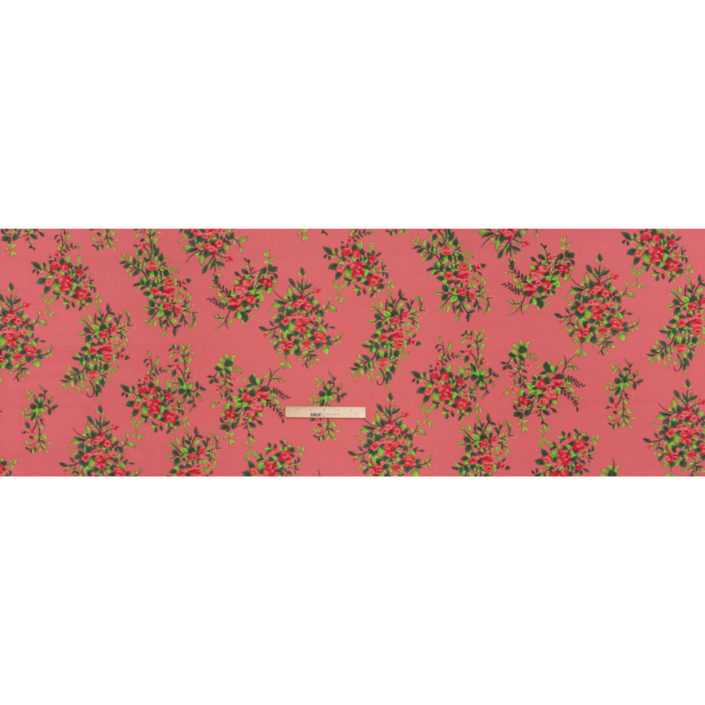 Silk Woven Print Made in Italy - Rose Pink, Red and Green Flower Bunches - Deadstock