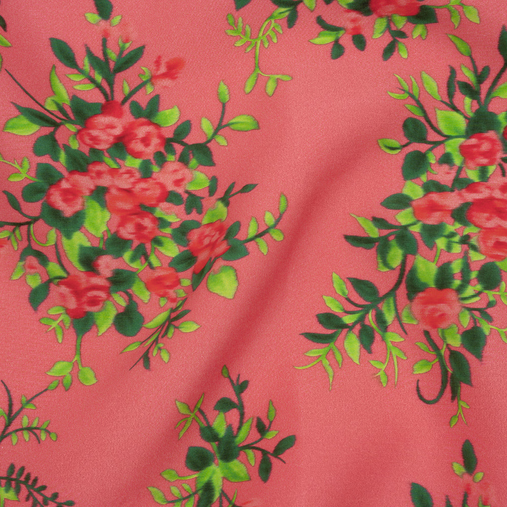 Silk Woven Print Made in Italy - Rose Pink, Red and Green Flower Bunches - Deadstock