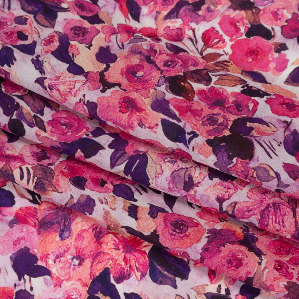 Silk Georgette Print Made in Italy - Pink, Dark Purple and Lavender Watercolor Roses - Deadstock
