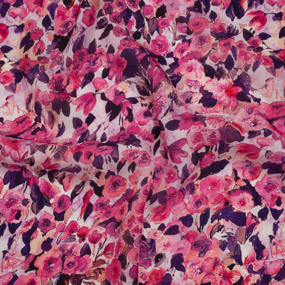 Silk Georgette Print Made in Italy - Pink, Dark Purple and Lavender Watercolor Roses - Deadstock