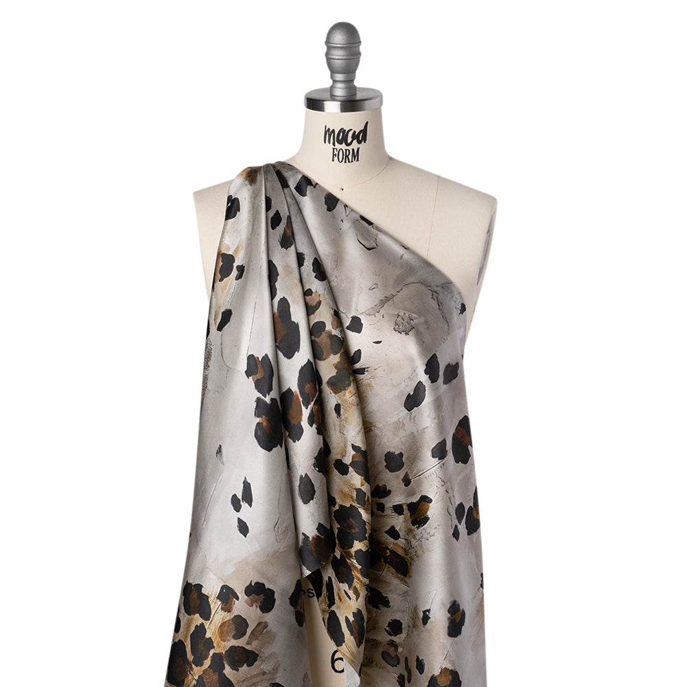 Silk Satin Print Made in Italy - Brown, Beige and Gray Painted Animal Spots - Deadstock
