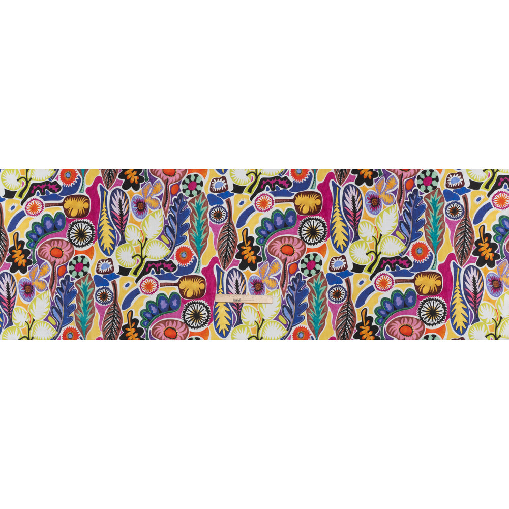 Silk Shantung Print Made in Italy - Blue, Lime and Brown Stylized Flowers and Leaves - Deadstock