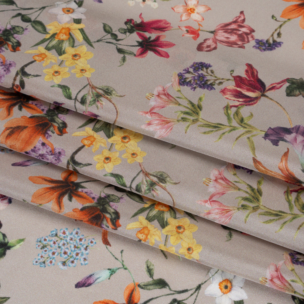 China Silk/Silk Habotai Print Made in Italy - Greige, Red and Purple Fancy Flowers - Deadstock