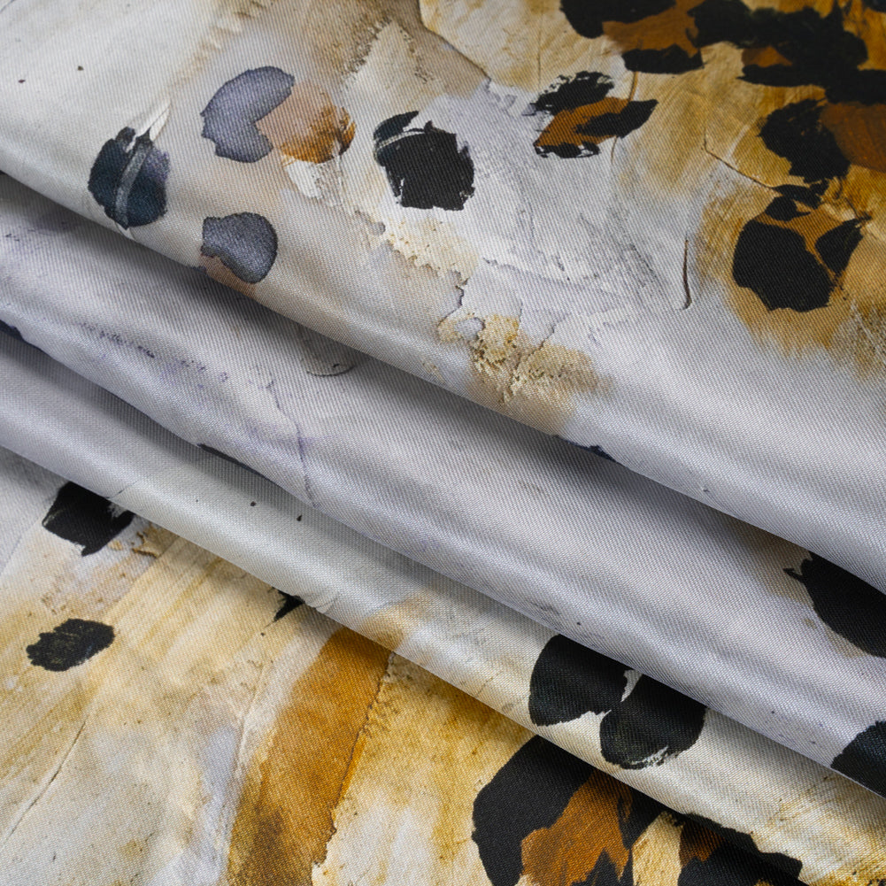 Silk Twill Print Made in Italy - Yellow Ochre, Brown and Black Painted Animal Spots - Deadstock