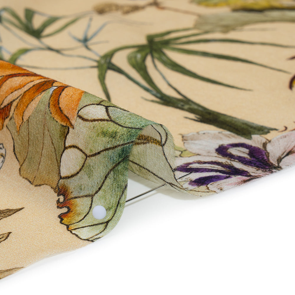 Slubbed Sheer Silk Woven Print Made in Italy - Beige, Green and Orange Tropical Flora and Fauna - Deadstock