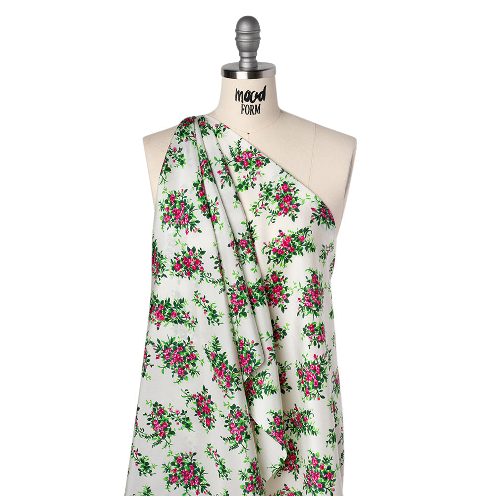 China Silk/Silk Habotai Print Made in Italy - Pink, Green and Ivory Flower Bunches - Deadstock