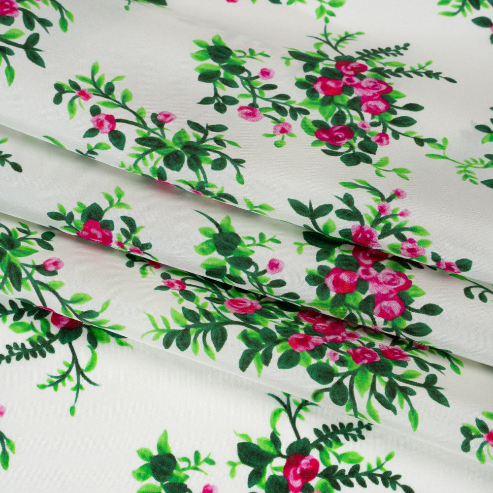 China Silk/Silk Habotai Print Made in Italy - Pink, Green and Ivory Flower Bunches - Deadstock