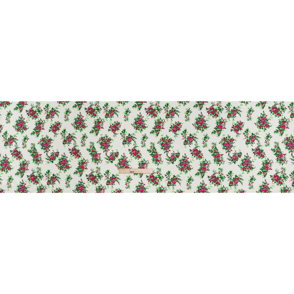 China Silk/Silk Habotai Print Made in Italy - Pink, Green and Ivory Flower Bunches - Deadstock