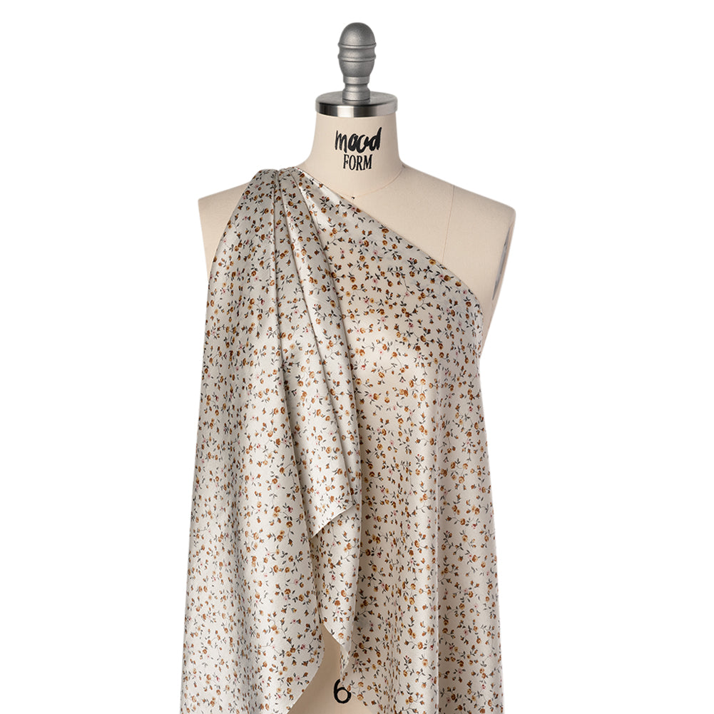 Charmeuse-Backed Silk Print Made in Italy - Ivory, Burnt Orange and Pink Little Flower Vines - Deadstock