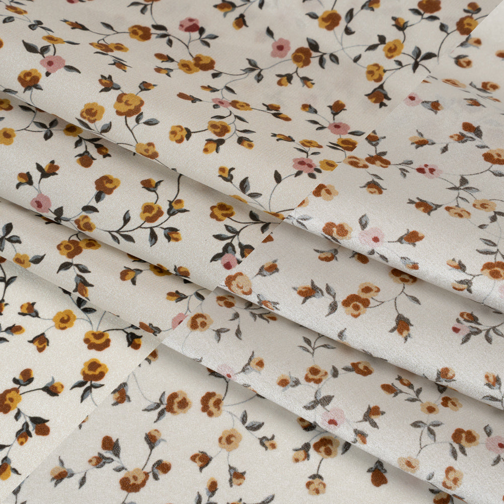 Charmeuse-Backed Silk Print Made in Italy - Ivory, Burnt Orange and Pink Little Flower Vines - Deadstock