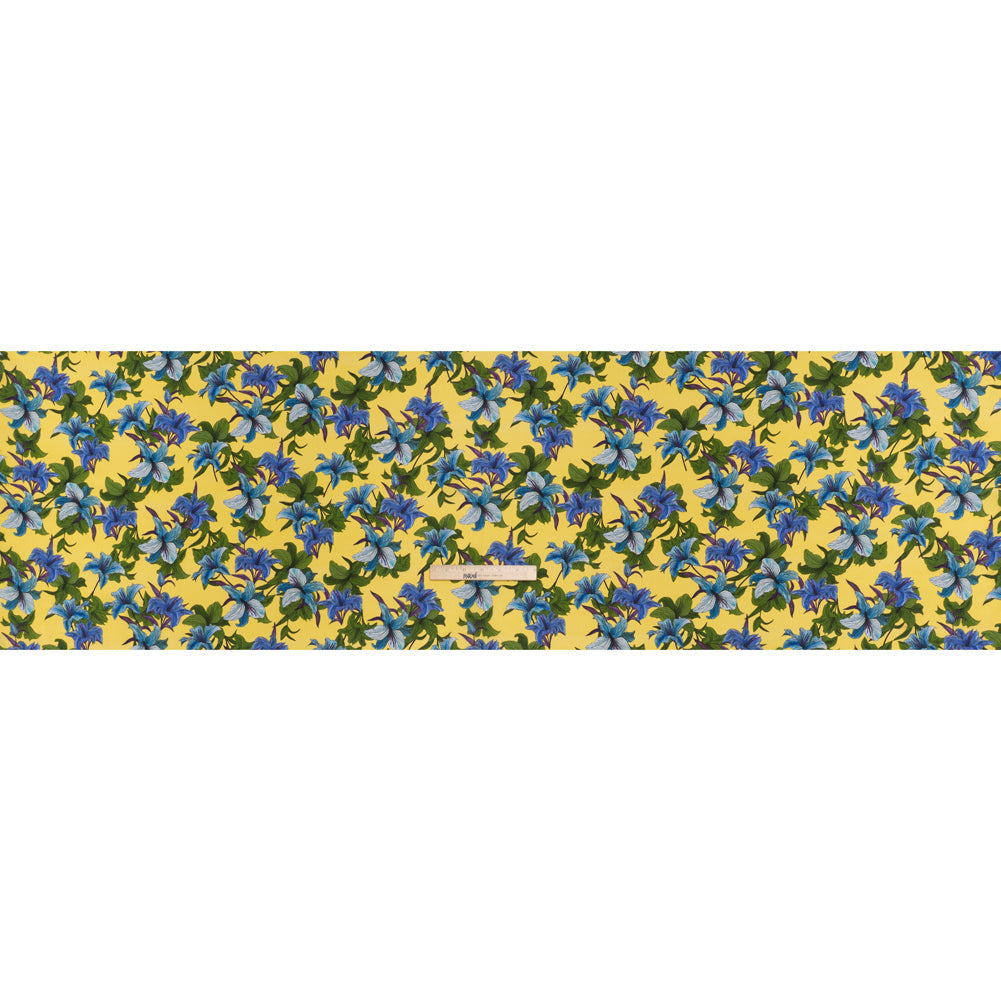 Silk Crepe de Chine Print Made in Italy - Lemon Yellow, Blue and Green Lilies - Deadstock