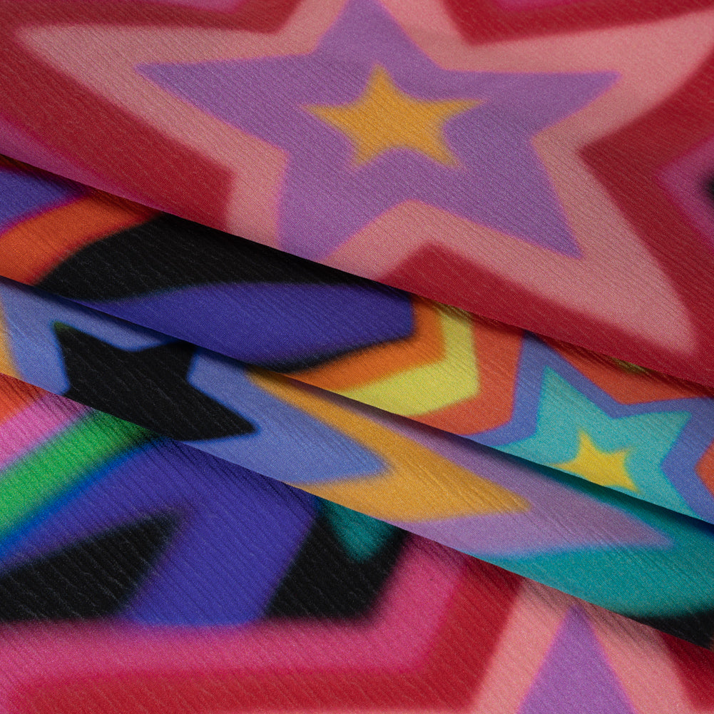 Crinkled Silk Crepe de Chine Print Made in Italy - Rainbow on Black Stars - Deadstock