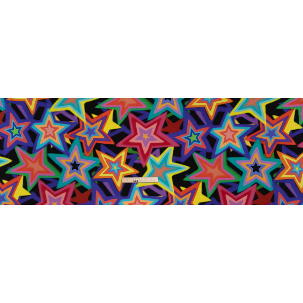 Crinkled Silk Crepe de Chine Print Made in Italy - Rainbow on Black Stars - Deadstock