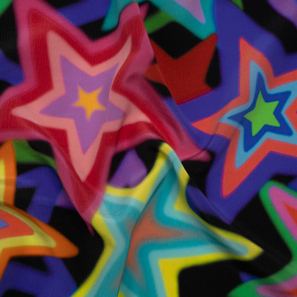 Crinkled Silk Crepe de Chine Print Made in Italy - Rainbow on Black Stars - Deadstock