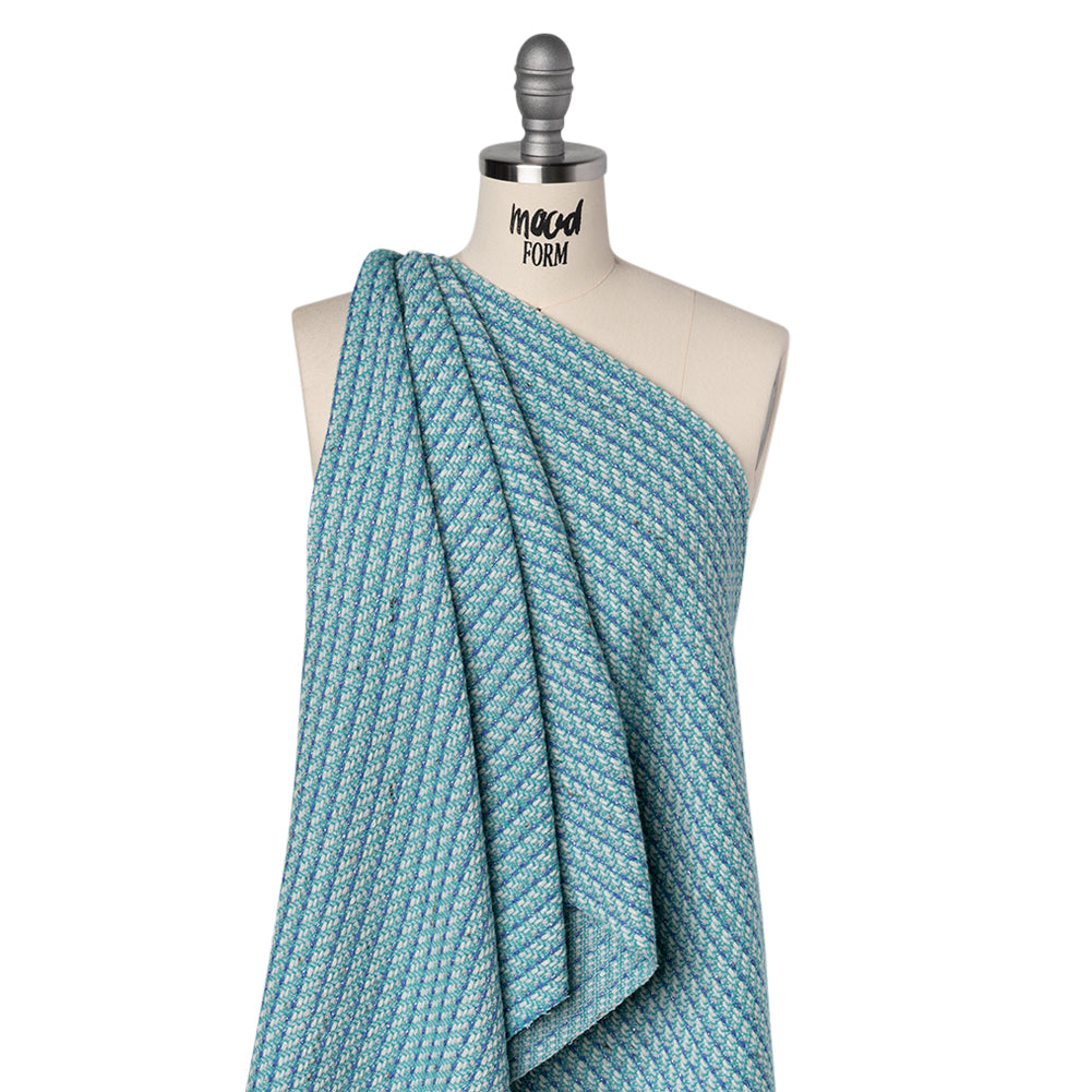 Metallic Wool Blend Tweed Made in Italy - Aqua, Blue and White