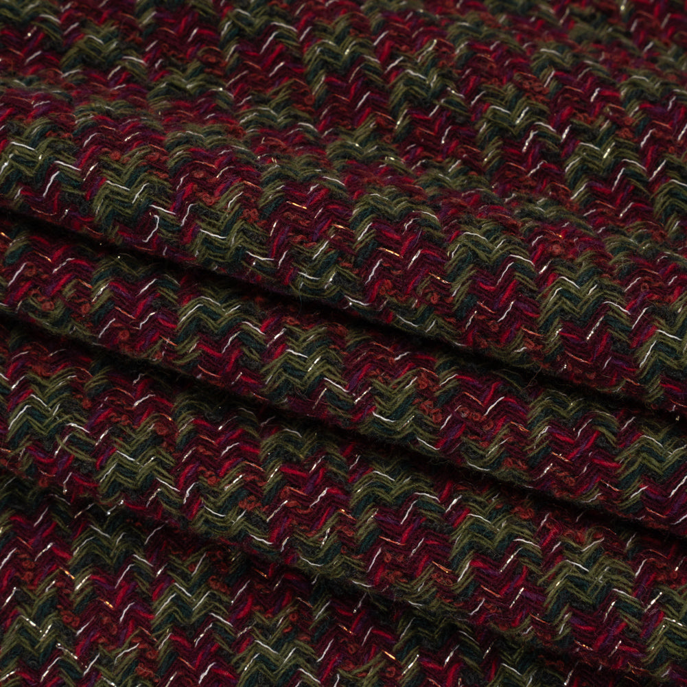 Metallic Wool Blend Tweed Twill Made in Italy - Olive Green, Dark Red and Gold Checks