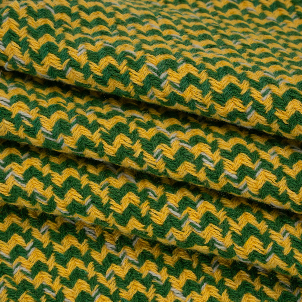 Wool Blend Tweed Twill Made in Italy - Green, Yellow and White Diagonal Stripes and Subtle Checks