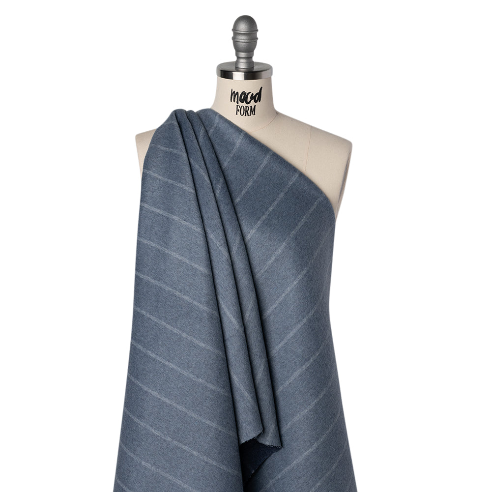 Brushed Wool Double Cloth Coating - Light Blue and Navy Chalk Stripes - Deadstock