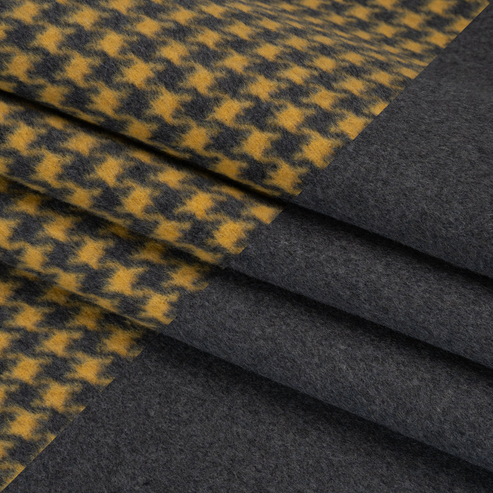 Brushed Wool Double Cloth Coating - Yellow and Gray Houndstooth and Charcoal Heathered - Deadstock